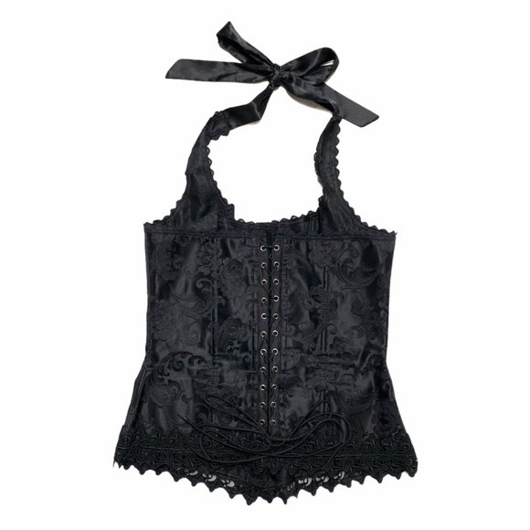 Vintage 90s black satin lace trim corset - Picture 2 of 4